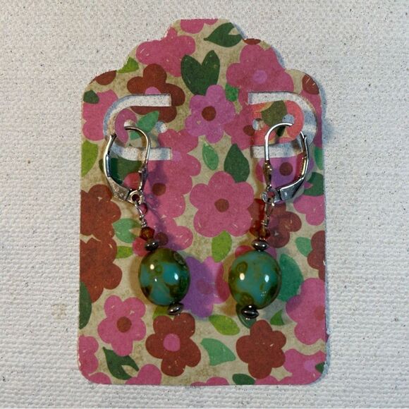 Sterling, green tortoise, hematite and Swarovski Crystal drop earrings - Picture 8 of 8
